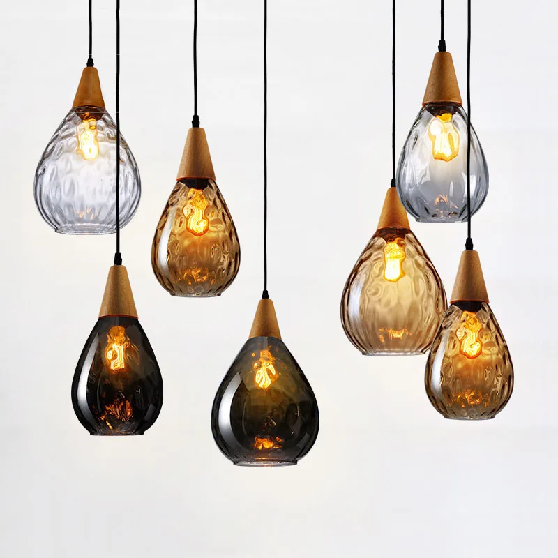 Modern Glass Pendant Light Vintage Amber Smoky Clear Glass Wood Hanging Pendant Lamp Decorative Indoor Pendant Light E27 E26 (17)