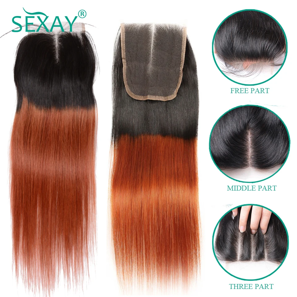 Sexay Ombre Color Hair Brazilian Straight Hair Lace Closure With Baby Hair 2 Tone 1B/350 Orange Color Hair Non Remy Lace Closure