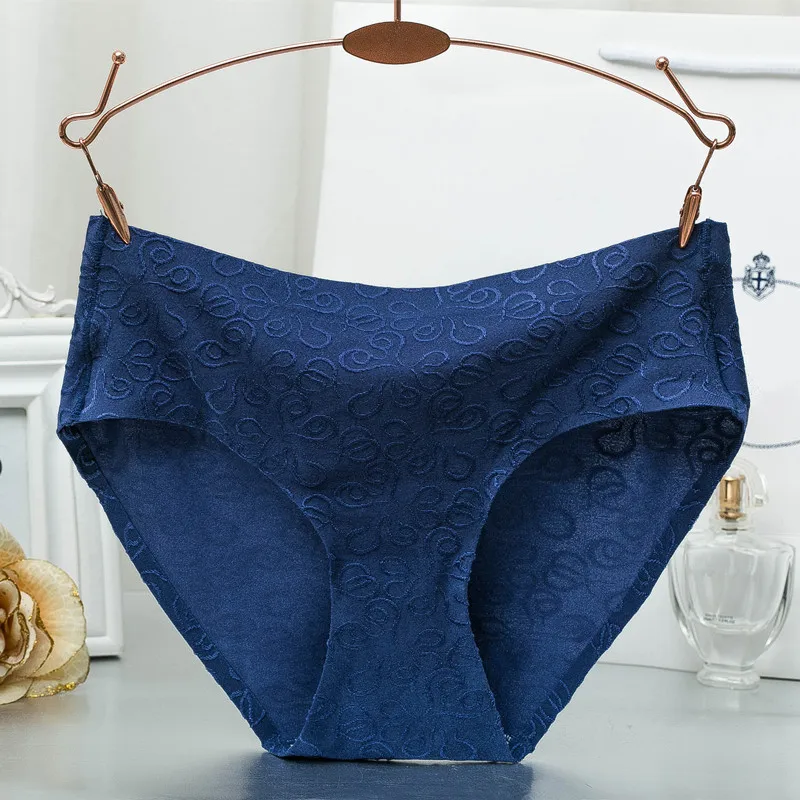 Женские сексуальные трусики, цельные Бесшовные женские вышитые сумки, нижнее белье, чистый цвет, шелковые трусы - Цвет: Синий