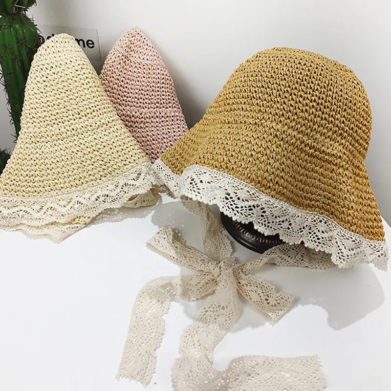 Корейские милые кружевные шляпы для девочек, летние шляпы, качественная плетеная солома, головные уборы ручной работы, повседневные уличные кепки со шнуровкой