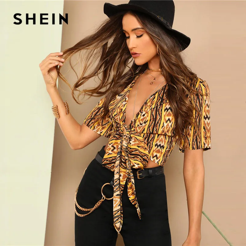 

SHEIN Multicolor Plunging Neck Bow Knot Hem Tribal Blouse Ladies 2019 Sexy Deep V Neck Summer Crop Womens Tops And Blouses