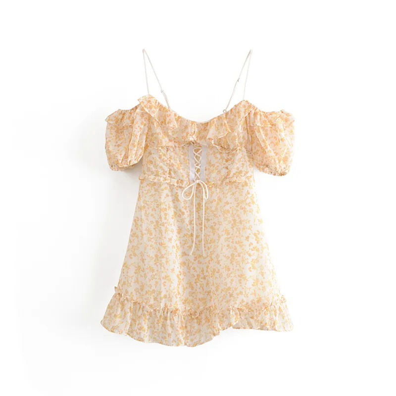 

Sweet Girls Ruffles Puff Sleeve Lace-Up Sling Dress Stylish Women Floral Print Slash Neck Dresses Casual Holiday Outfit Vestidos