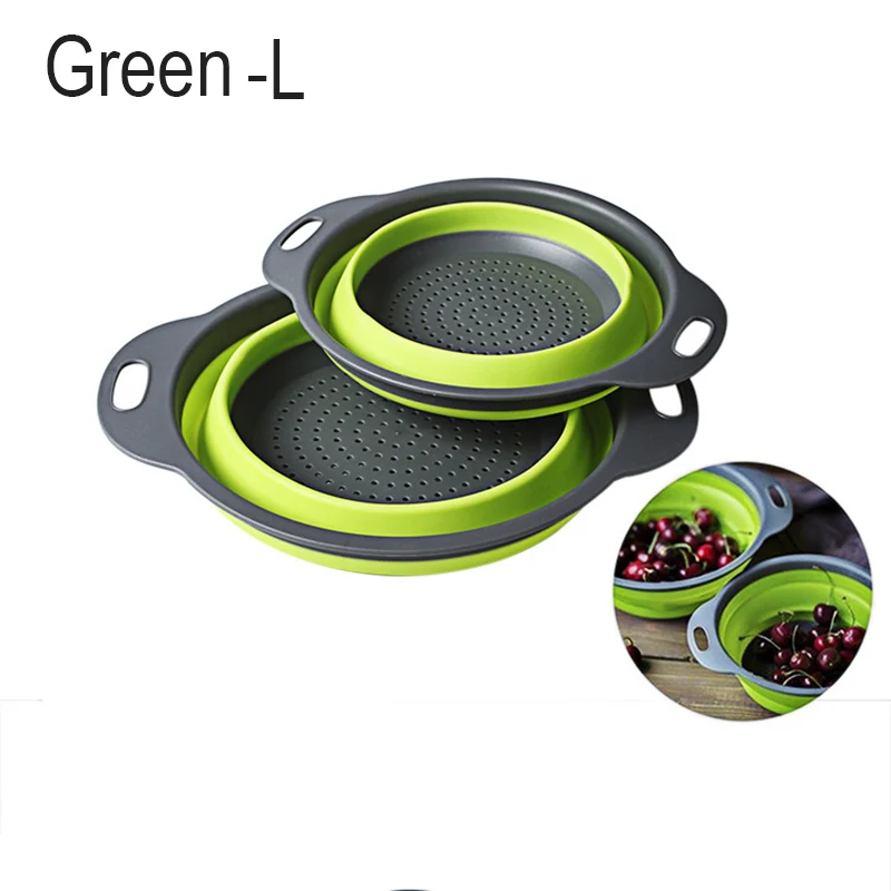 Multifunction Kitchen Collapsible Silicone Colander Fruit Vegetable Strainer Space Saver FBE3 - Цвет: Green L