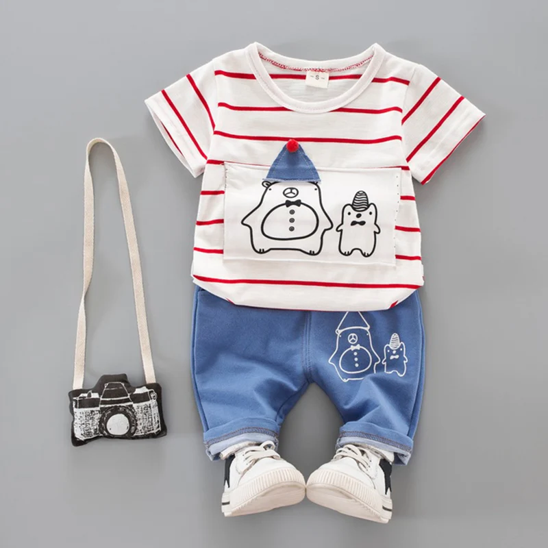 AX1169 red Bear Leader/комплект одежды для мальчиков; Новинка года; летние хлопковые футболки в полоску с героями мультфильмов+ брюки; Одежда для мальчиков; одежда для маленьких мальчиков - Цвет: AX1169 red