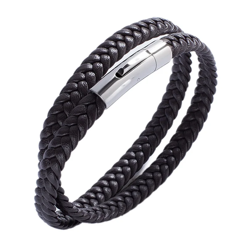 

Punk Brown Leather Bracelet Men Stainless Steel Clasp Multilayer Braided Leather Rope Chain Male Wrist Band Vintage Gift L741