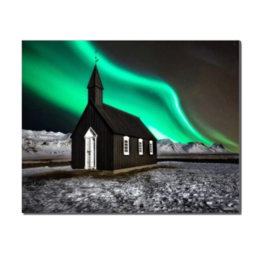 

Laeacco Green Aurora House Outside Night Posters Prints Wall Artwork Picture Canvas Painting for Living Room Home Decor No Frame