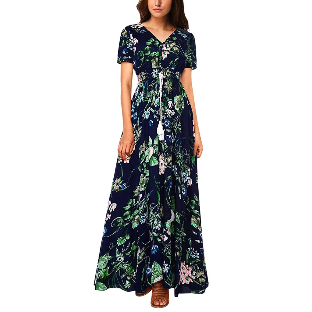 

Printed summer dresses and sundresses Floral Button Up Short Sleeve Split Flowy Long sundress female sukienka vestidos #G6