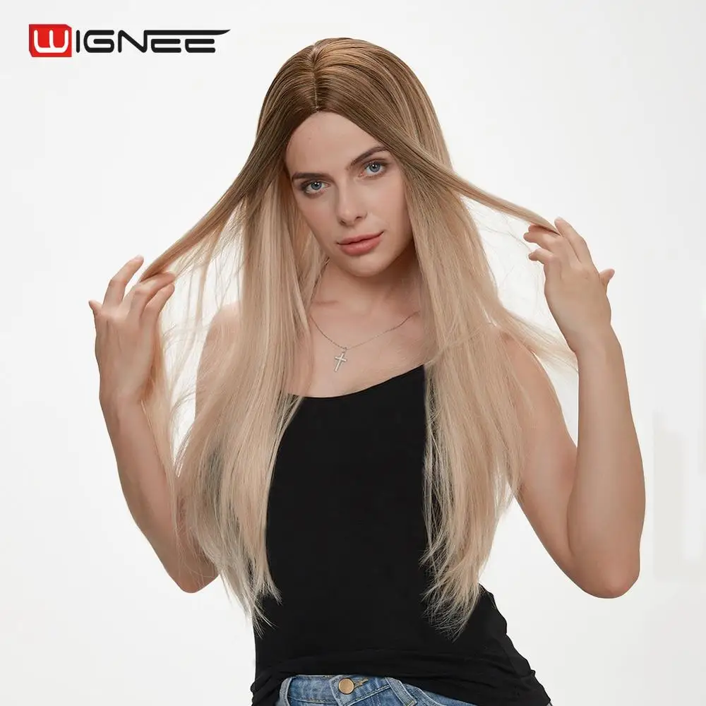 

Wignee Long Straight Hair Synthetic Wig For Women Ombre Ash Blonde/Brown Natural Hair Heat Resistant For Daily/Party Cosplay Wig