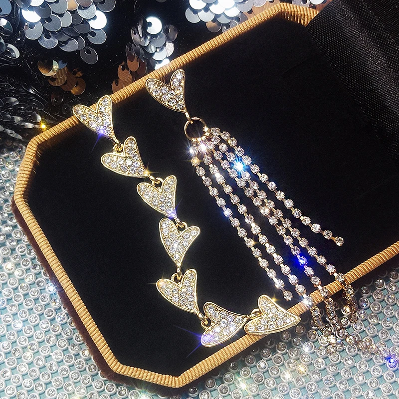 

Female Crystal Heart Drop Earrings Asymmetric Tassel Earrings 925 Sterling Silver Boho Wedding Jewelry Long Dangle Earrings