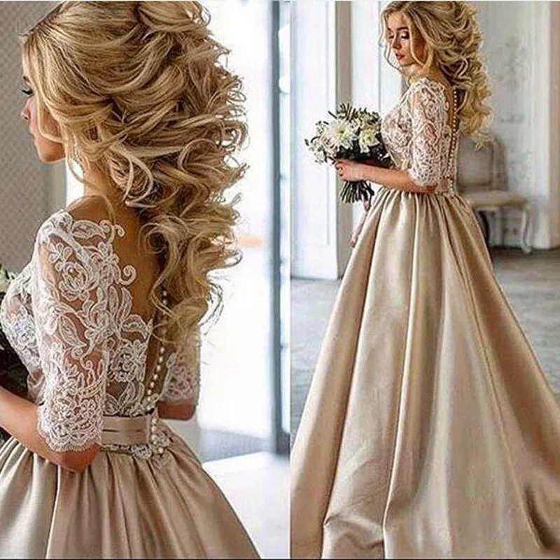 Vintage-Lace-Champagne-Wedding-Dresses-2018-Sheer-Neck-Half-Sleeves-Bridal-Gowns-Button-Dubai-Arabic-Occasion
