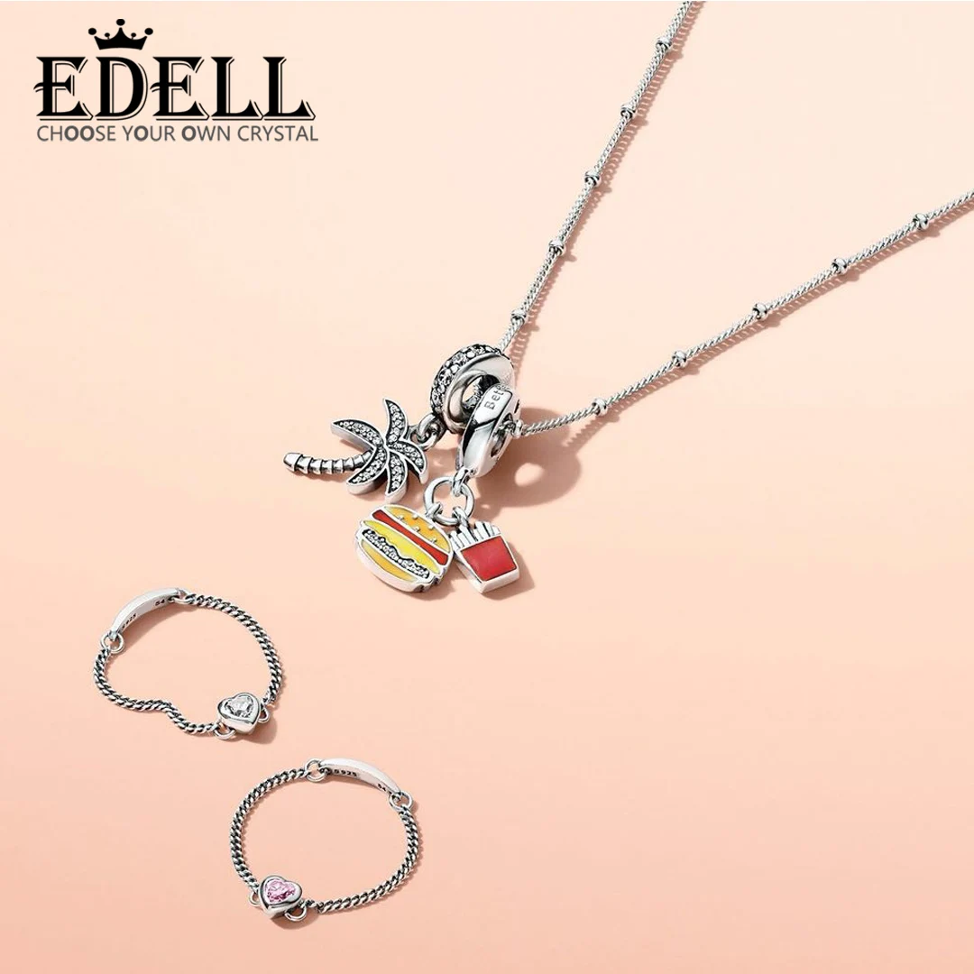 

EDELL 100% 925 Sterling Silver SPIRITED HEART RING PALM TREE HANGING CHARM Burger Fries Mixed Burger Pendant Necklace Set