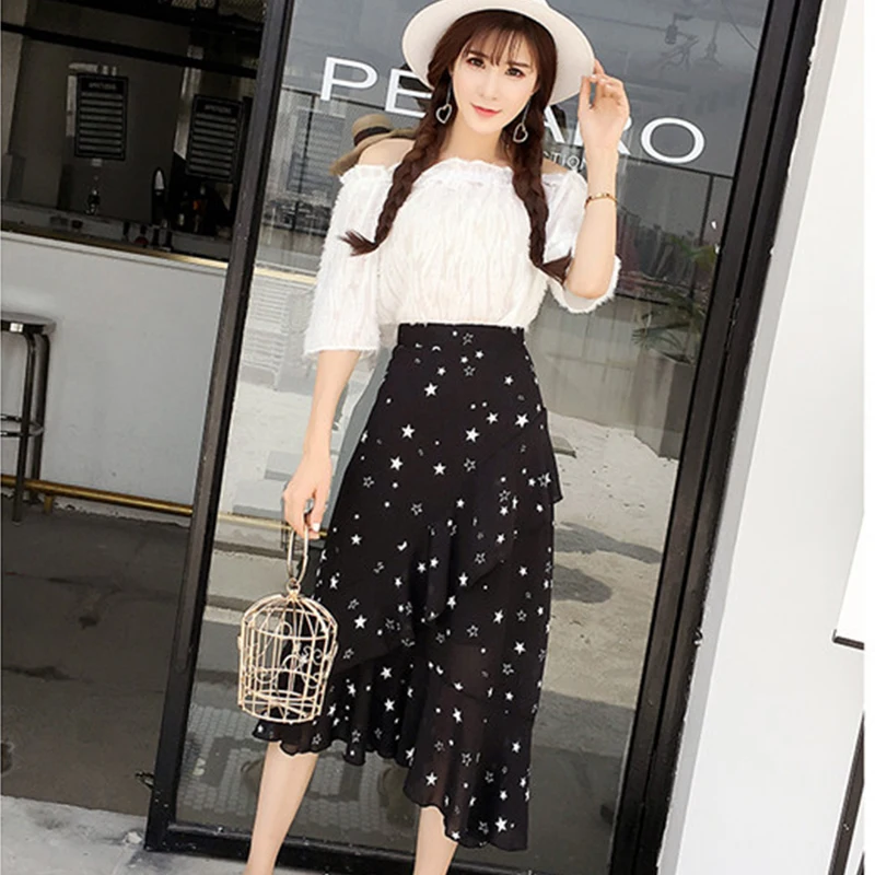 Новинка, шифоновая юбка миди с принтом звезд, асимметричная юбка с оборками, юбка с цветочным принтом, женская повседневная юбка, милый с высокой талией, Черная