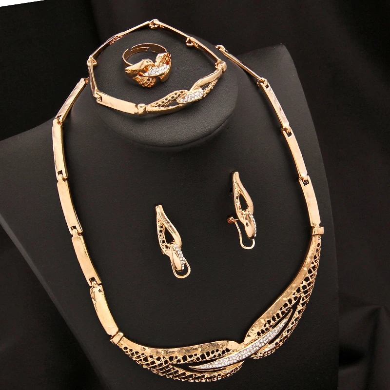 amazing price Dubai Jewelry Sets Crystal Necklace Bracelet Earrings Ring Nigerian Wedding Party Women Fashion Jewelry Set
