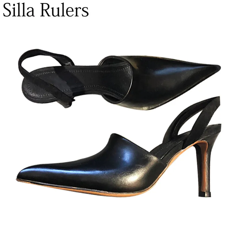 

Sexy black genuine leather pointed toe high heel pumps woman slingbacks shallow women shoes single shoes woman zapatos mujer
