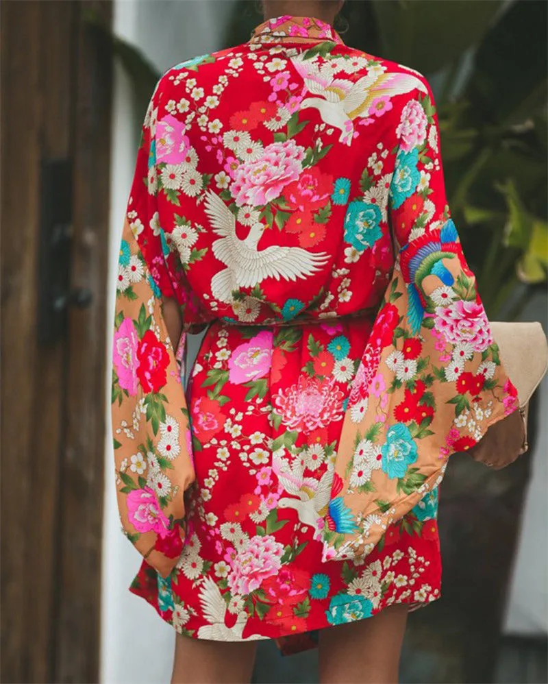 2019 Autumn Summer Women Long Sleeve Bohemian Floral Casual Loose Long Blouse Kimono Long Cardigan Flare Sleeve Print Thin Shirt