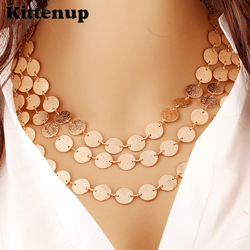 Kittenup Gold Color Round Disc Pendant Alloy Multilayer Chains Necklace