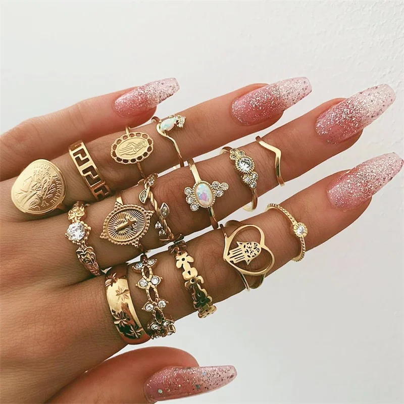 

FNIO 15 Pcs/set Women Fashion Rings Hearts Fatima Hands Virgin Mary Cross Leaf Hollow Geometric Crystal Ring Set Wedding Jewelry