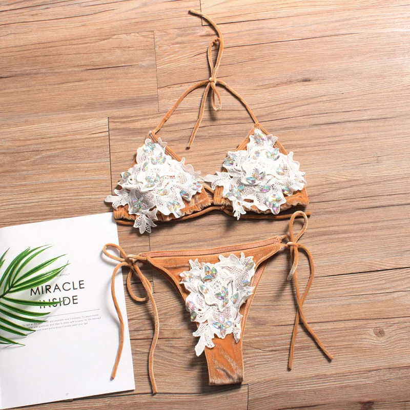 

Lace Bikini Diamond Swimsuit Crystal Women Swimwear Bikinis Brazilian Pleuche Beachwear Tie Sides Bathing Suit 2019 Biquini