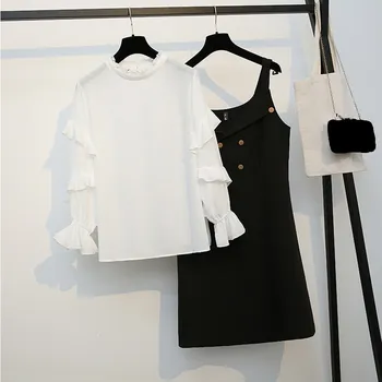 

2019 Summer New Women Casual Two Piece Set Sweet Sleeve Tops Sleeveless Dress Suit Straps A-Line Solid Outfits