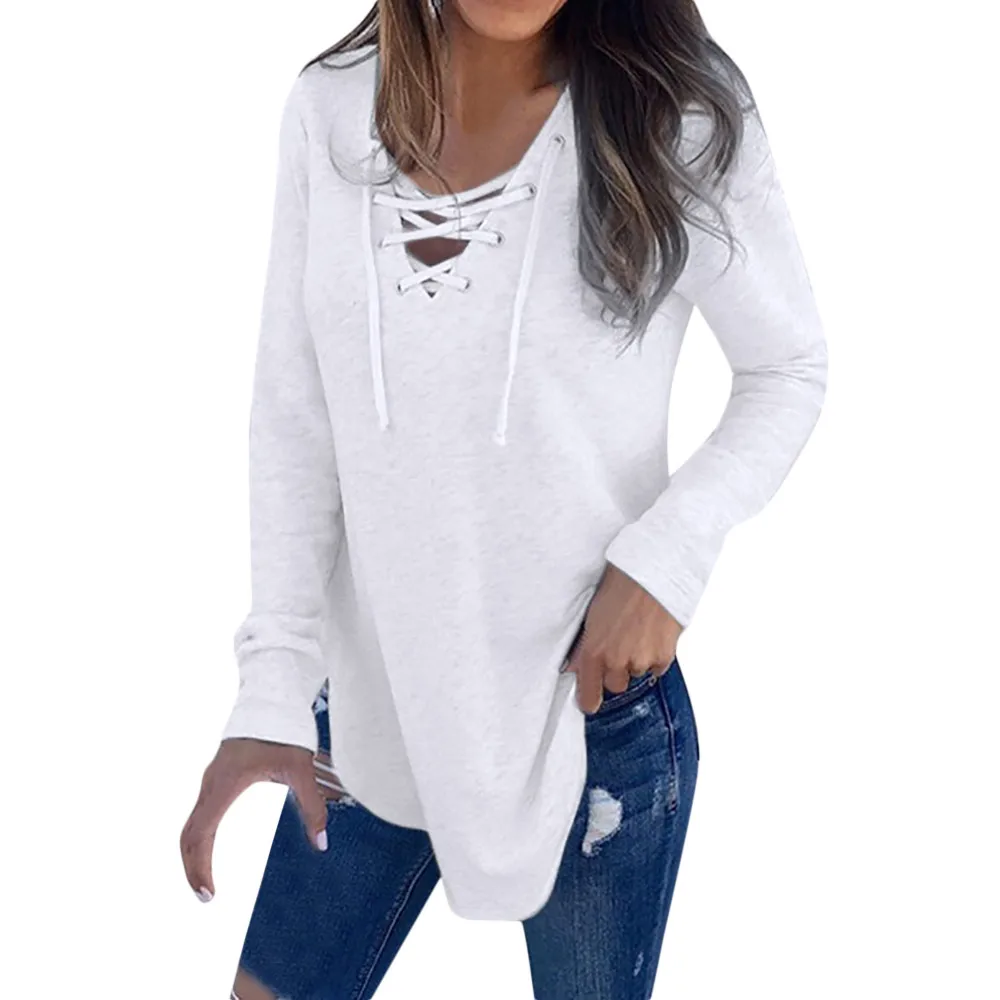 Женская футболка с длинным рукавом и v-образным вырезом, топы весна и осень, большие размеры, свободная Однотонная рубашка с длинным рукавом, Прямая поставка#0313 - Цвет: WH