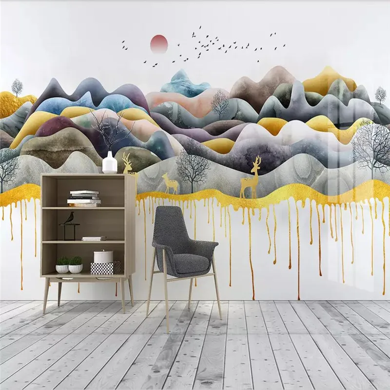 

Custom 3D photo wallpaper golden landscape forest elk flowing water wealth TV background wall paper mural home decoration