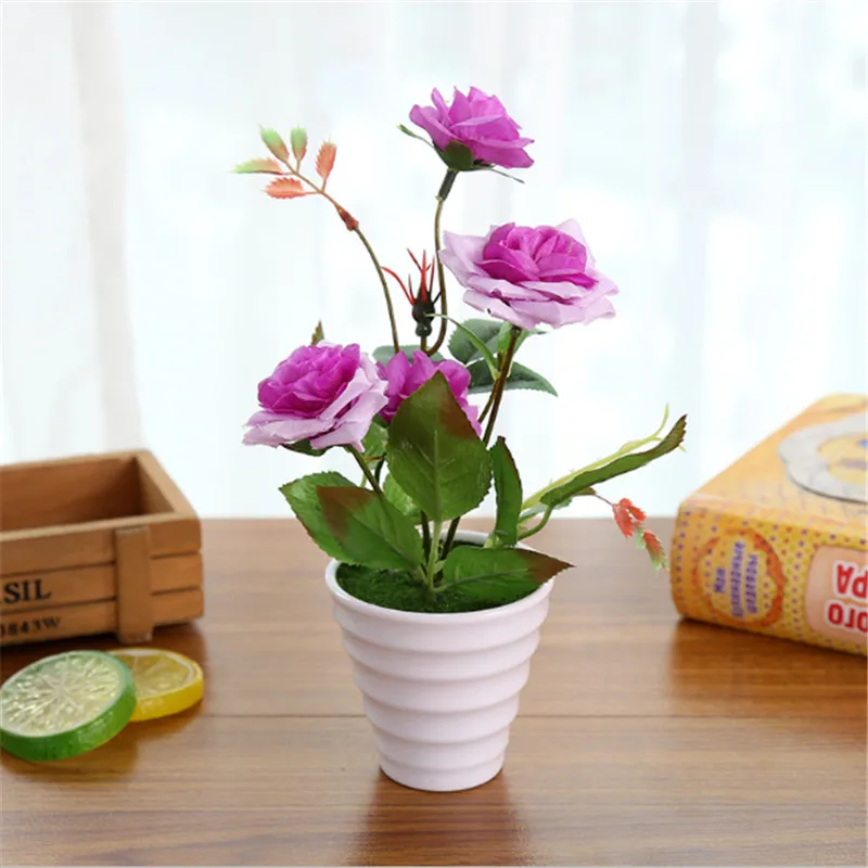 1 комплект искусственный Шелковый цветок розы бонсай с белой пластиковой вазой растение в горшках Свадебная вечеринка Рождество украшение дома - Цвет: Purple