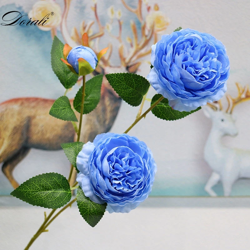 Искусственные розы шелковые цветы, Пионы DIY длинная ветка 3 головки пионы поддельные цветы Искусственные цветы Свадьба сценическая фоновая Декорация - Цвет: Sapphire blue