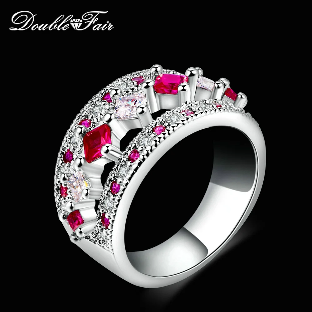 

Double Fair Brand New Luxury Red Cubic Zirconia Ring Silver Color Fashion Wedding/Engagement Party Jewelry For Women DFR649