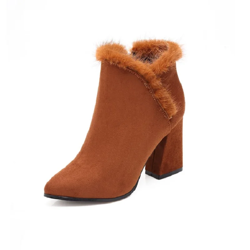

2018 autumn new British style thick with pointed and velvet thickening fur female booties brwon 0109