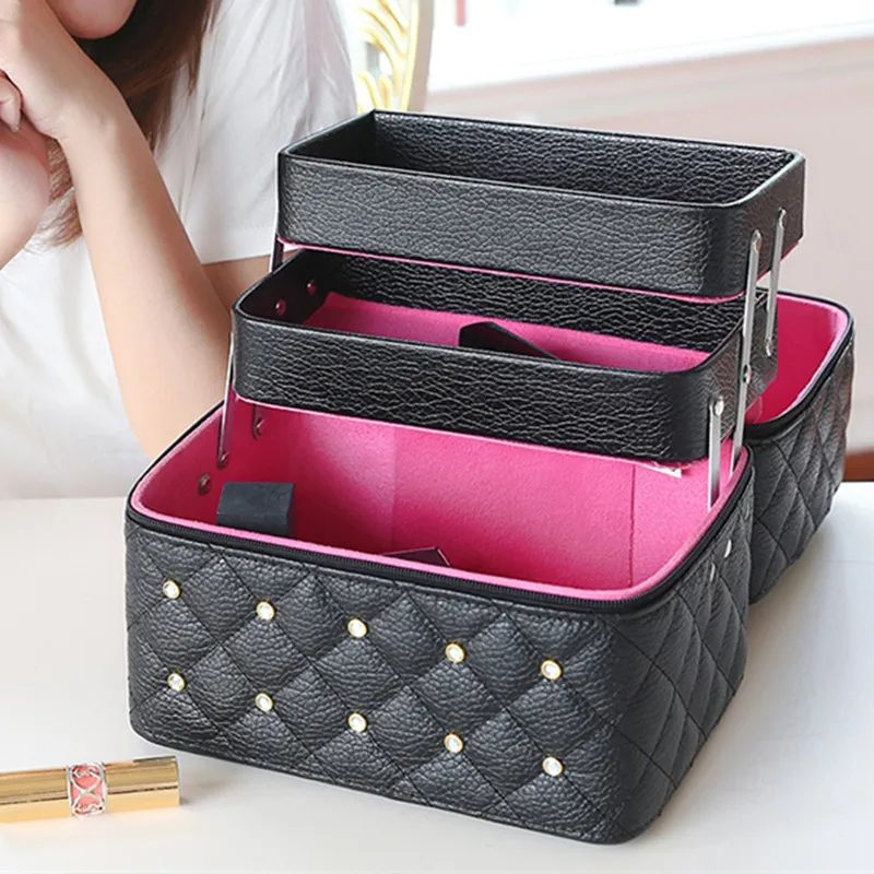 Women Cosmetic Bags&Case High Quality Solid PU Leather Makeup Box With