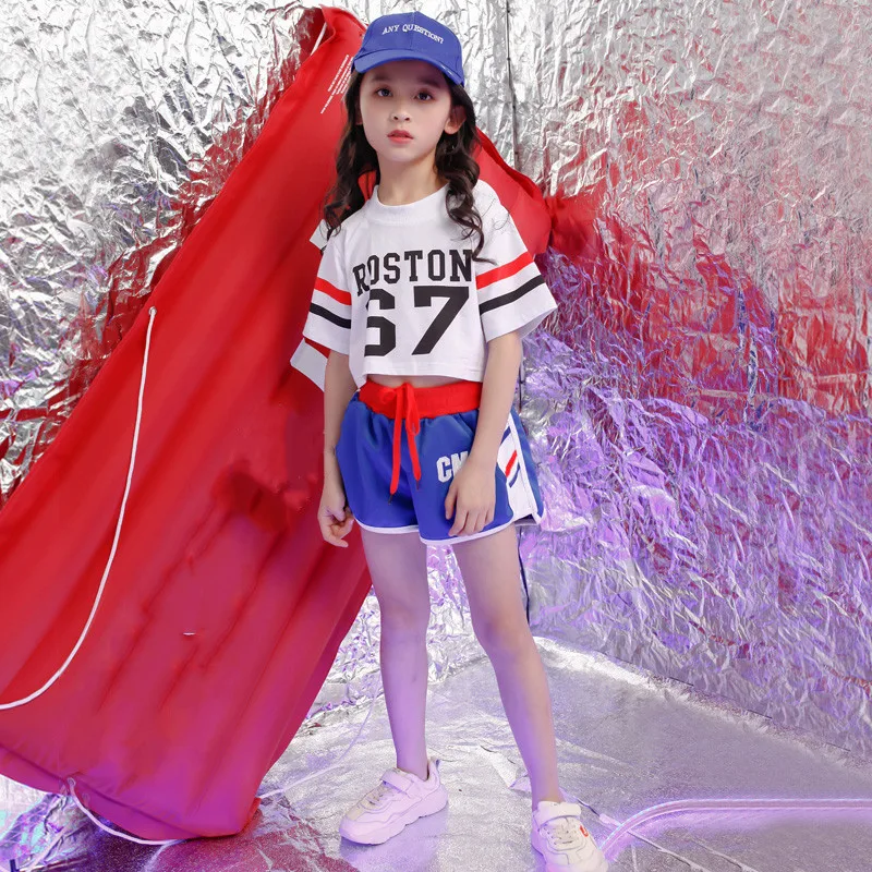 Children Girls Crop White top shorts Street Dance Costume Hip Hop Jazz Dance Clothing Set Stage Performance Dancewear 4-18 years (6)