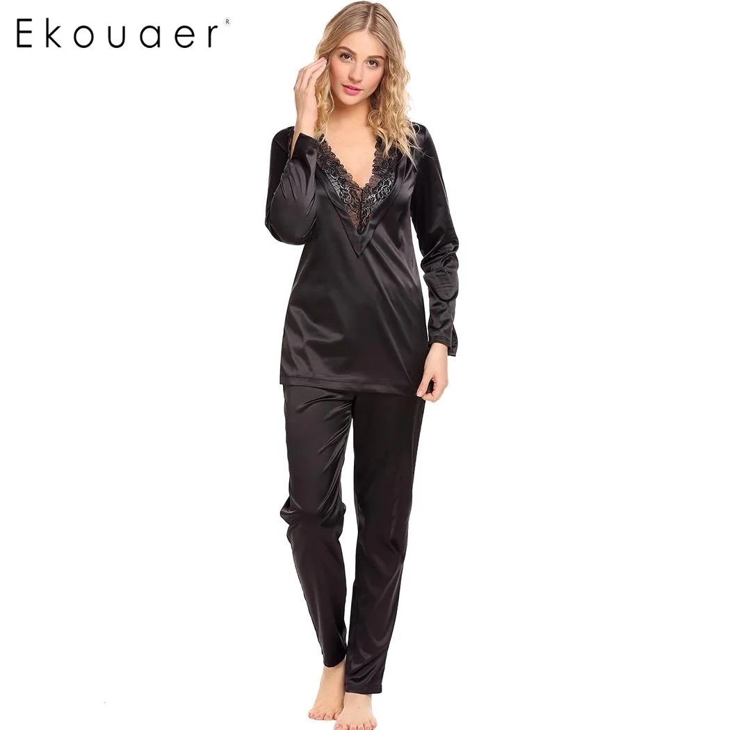 Ekouaer Для женщин атласные пижамы комплект пижамы кружевной отделкой v-образным вырезом Топы с длинными рукавами и брюки пижамные комплекты