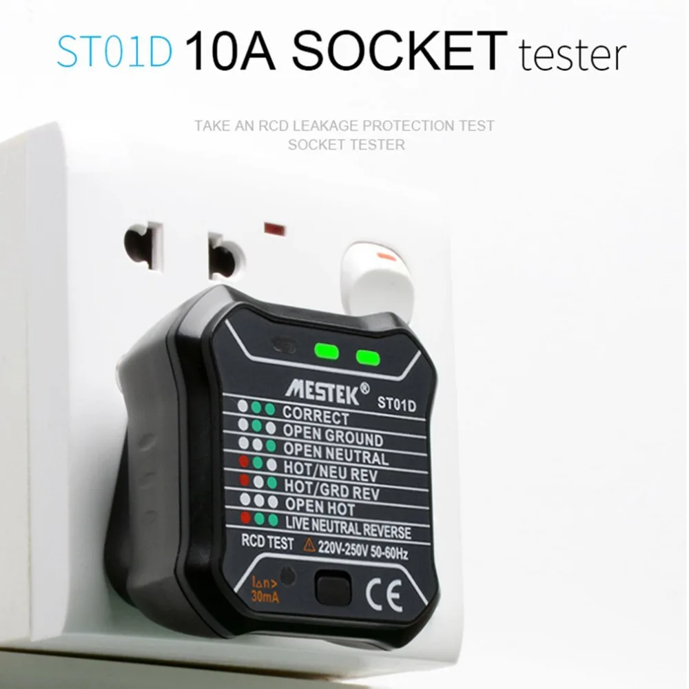 

ST01D Socket Outlet Tester Circuit Polarity Voltage Detector Wall Plug Breaker Finder RCD Test 220V - 250V EU Plug