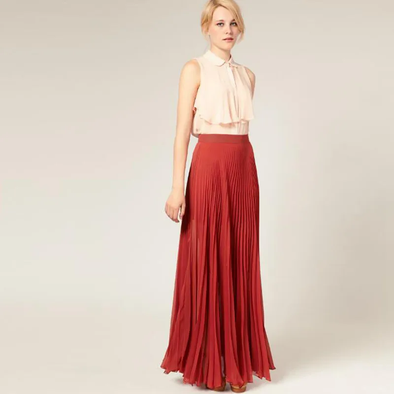Элегантная длинная юбка, красивая фиолетовая плиссированная юбка макси на молнии, Стильная летняя пляжная юбка для женщин, Высококачественная Шифоновая Юбка Saia Longa Faldas - Цвет: Красный