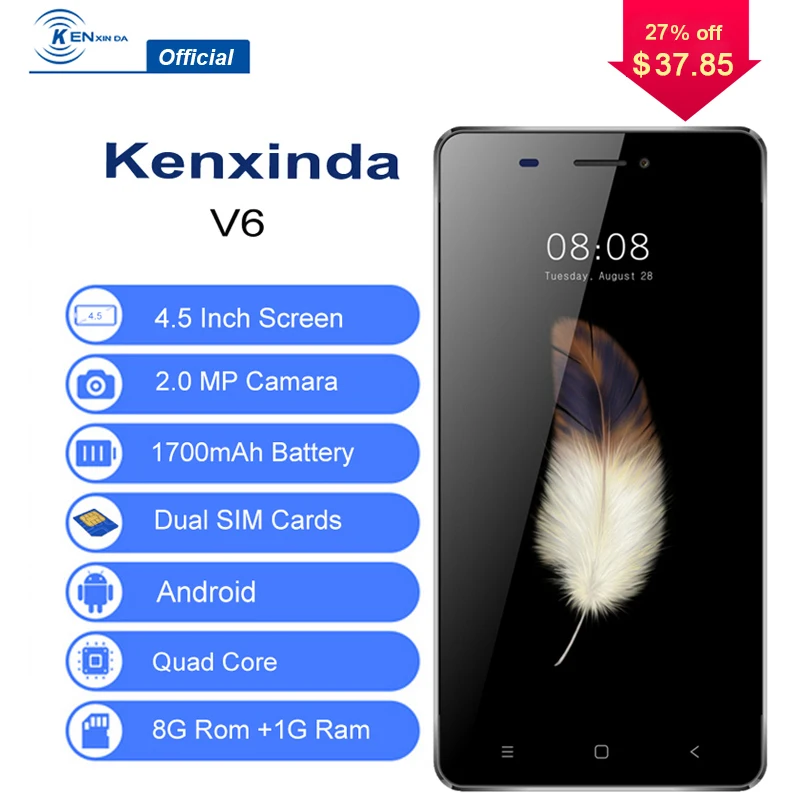 Suficiente inventario 3G desbloqueado Kenxinda V6 Smartphone 4,5 pulgadas Android 7,0 Quad Core 1G + 8G 1700 mAh teléfono móvil Celular Suficiente inventario 3G desbloqueado Kenxinda V6 Smartphone 4,5 pulgadas Android 7,0 Quad Core 1G + 8G 1700 mAh teléfono móvil Celular