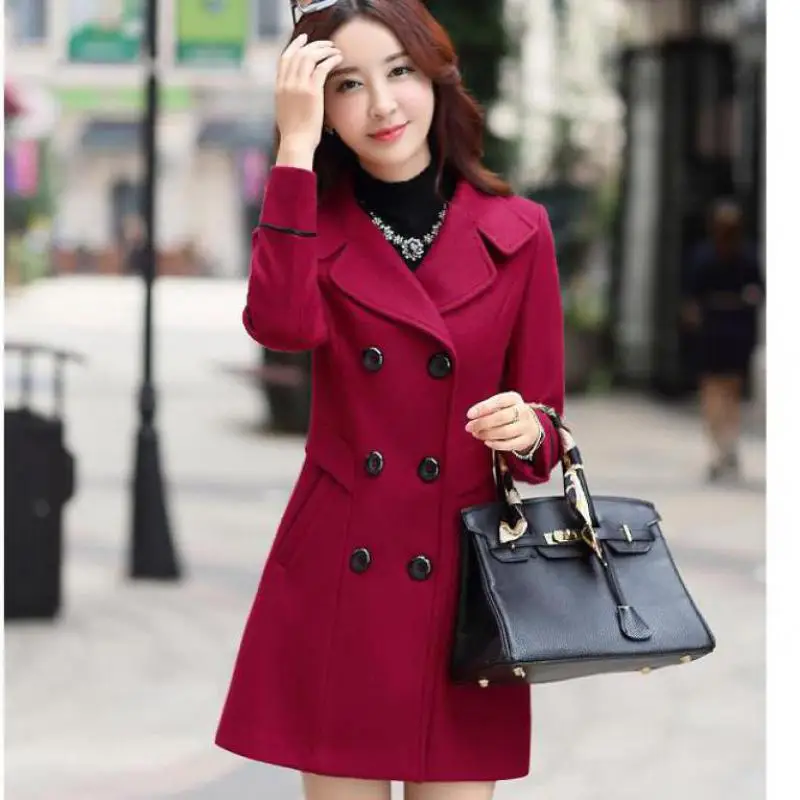 

Outwear Fashion Solid Winter Woolen Coats For Women Double Breasted Overcoat Turn-down Collar Slim Outerwear Female Trench Coat
