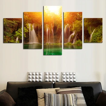 

2017 Waterfall Among Yellow Sun And Green Lake Canvas Print Painting For Home Decoration Wall Art Picture Unframed 5 Pieces
