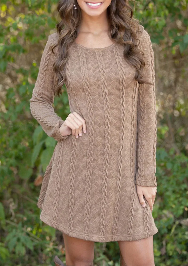 Women Long Sleeve Solid Hem Casual O-Neck A Line Mini Knitted Twist Wool Dress For Autumn and Winter