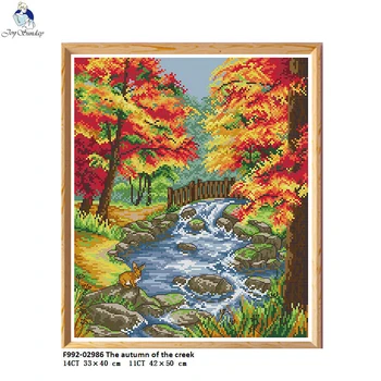 

Joy Sunday Europe Scenery The Autumn of the Creek Counted DMC 14CT 11CT Printed on Canvas Cross-stitch kit Hand Craft Embroidery