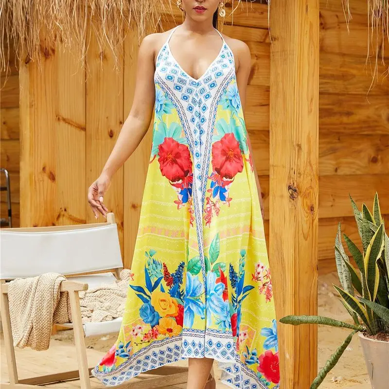 

Boho Dresses Chic Saida De Praia Feminino 2019 Long Dress Plus Size Trendy Ladies Loose Beach Vestidos Print Backless Frocks
