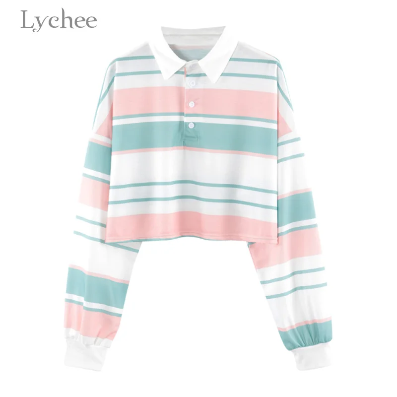Lychee Летняя женская футболка в полоску на пуговицах Повседневная Свободная с