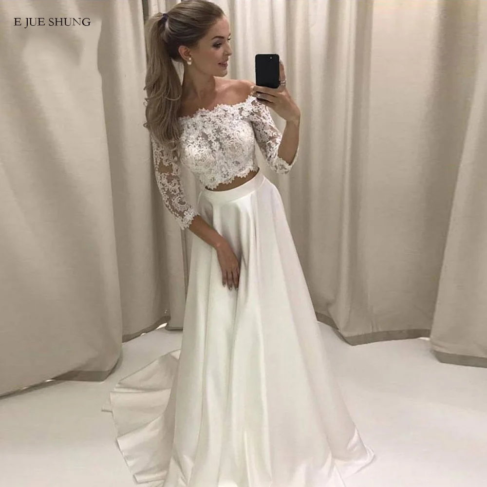 

E JUE SHUNG White Satin Lace Two Pieces Wedding Dresses 2019 Off The Shoulder 3/4 Sleeves Cheap Wedding Gowns Bride Dresses
