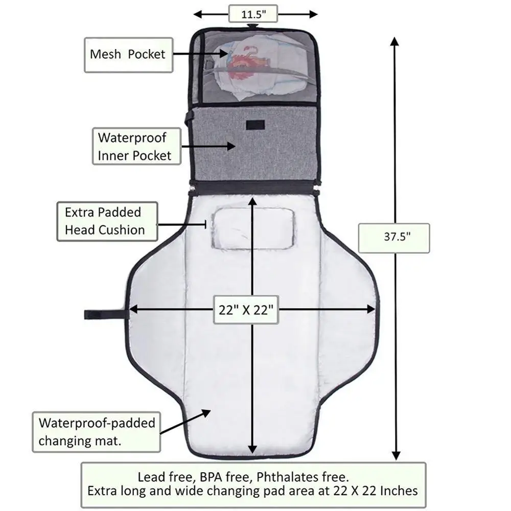 Lekebebay Portable Diaper Changing Pad Built-in Head Cushion Waterproof Baby Travel Changing Station