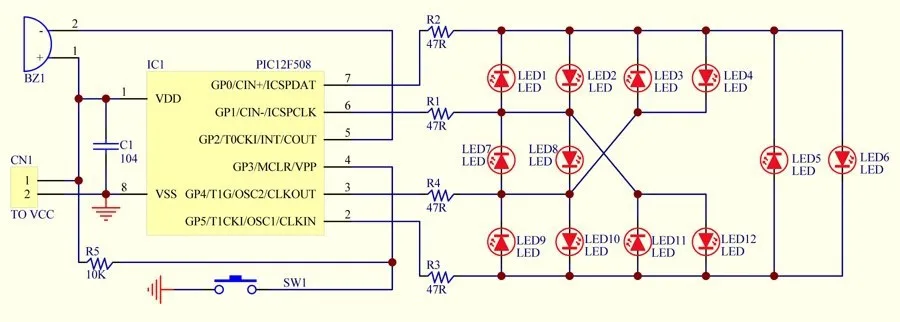 12 Position LED Electronic Lucky Rotary Board Kit Based on PIC12F508 MCU. 