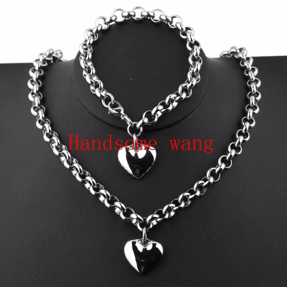 

Popular Fashion Loveliness Girl Silver Round Link Chain Heart Jewelry Sets Stainless Steel Bracelet&Necklace 8mm*45cm/20.5cm