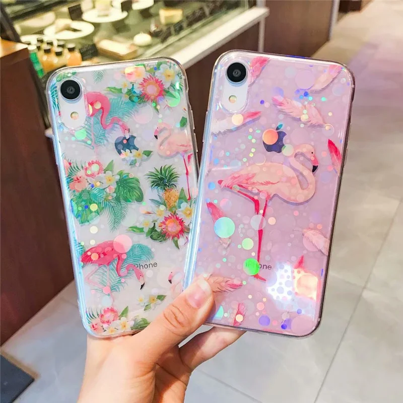 

Luxury Transparent Glossy Flamingo Soft Case for iphone 6 6s 7 8 7plus Case Aurora laser Glitter For iphone X XR XS Max Cover