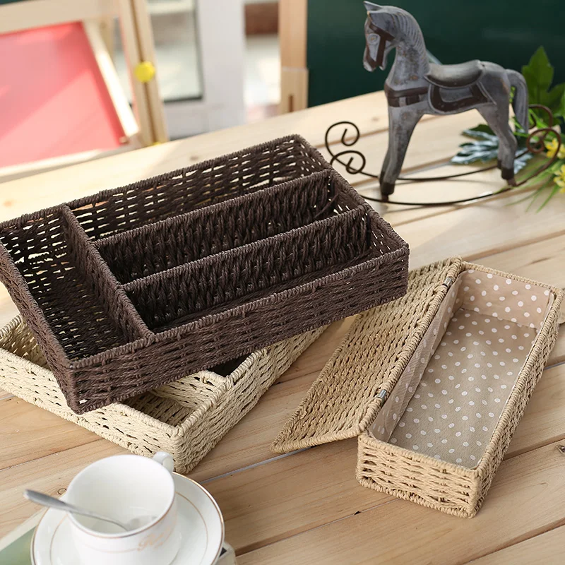 Multi grid Handmade Straw Storage Box Straw Desktop Tea ...