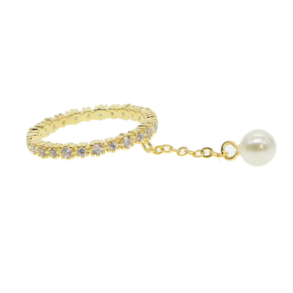 

Top quality gold filled cz eternity band fashion elegant girl tassel chain with 1 pc pearl bead stunning women cz chain ring