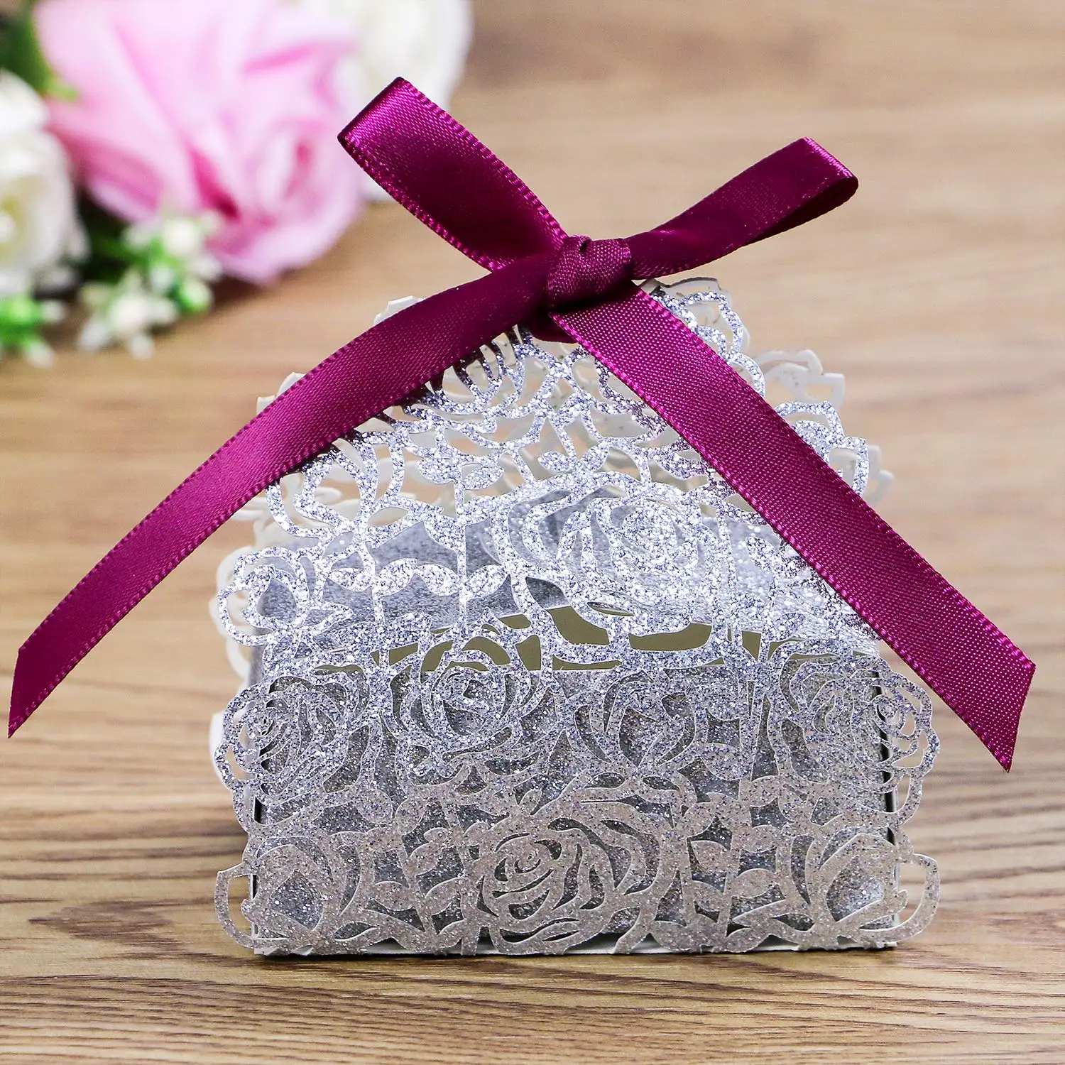 

METABLE 30 PCS Laser Cut Silver Glitter Boxes with Burgundy Ribbons Wedding Party Favor, Wedding Gift Bags Chocolate Candy