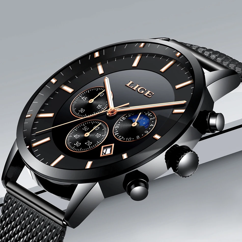 

Relogio Masculino LIGE New Men Watches Top Brand Luxury Quartz Wristwatch Men Full Steel Grid Strap Waterproof Sport Chronograph